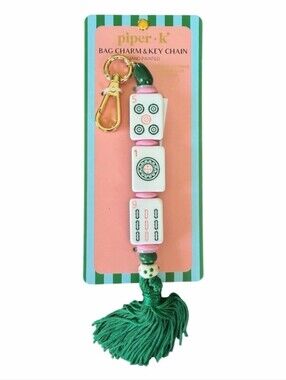 💕▪️piper K ▪️ Pink Mahjong Tile Bag Charm & Key Chain with Green Tassel